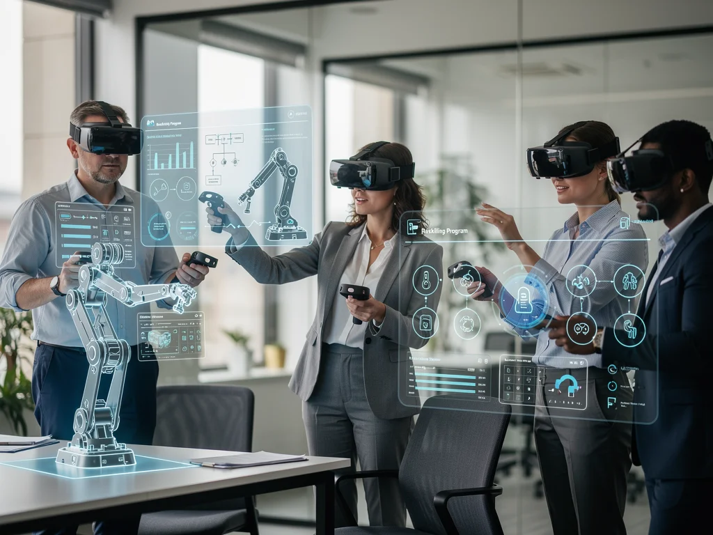 Professionals engaging in virtual reality training for future work skills, highlighting reskilling efforts against automation.