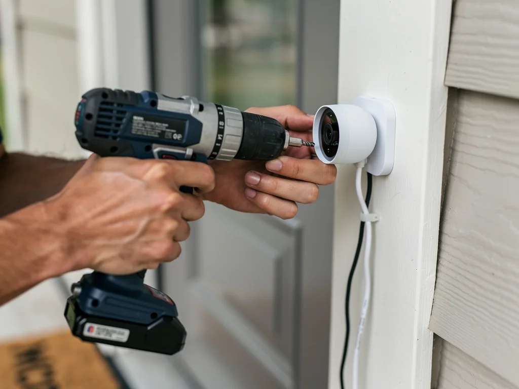 Technician installing wireless smart security camera